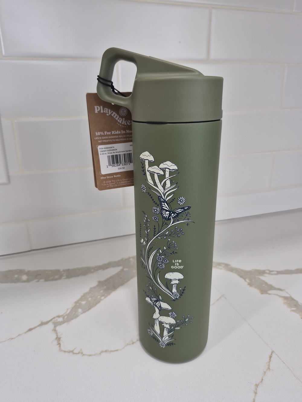 Life Is Good Olive Green Stainless Steel Water Bottle with Mushroom Floral Art